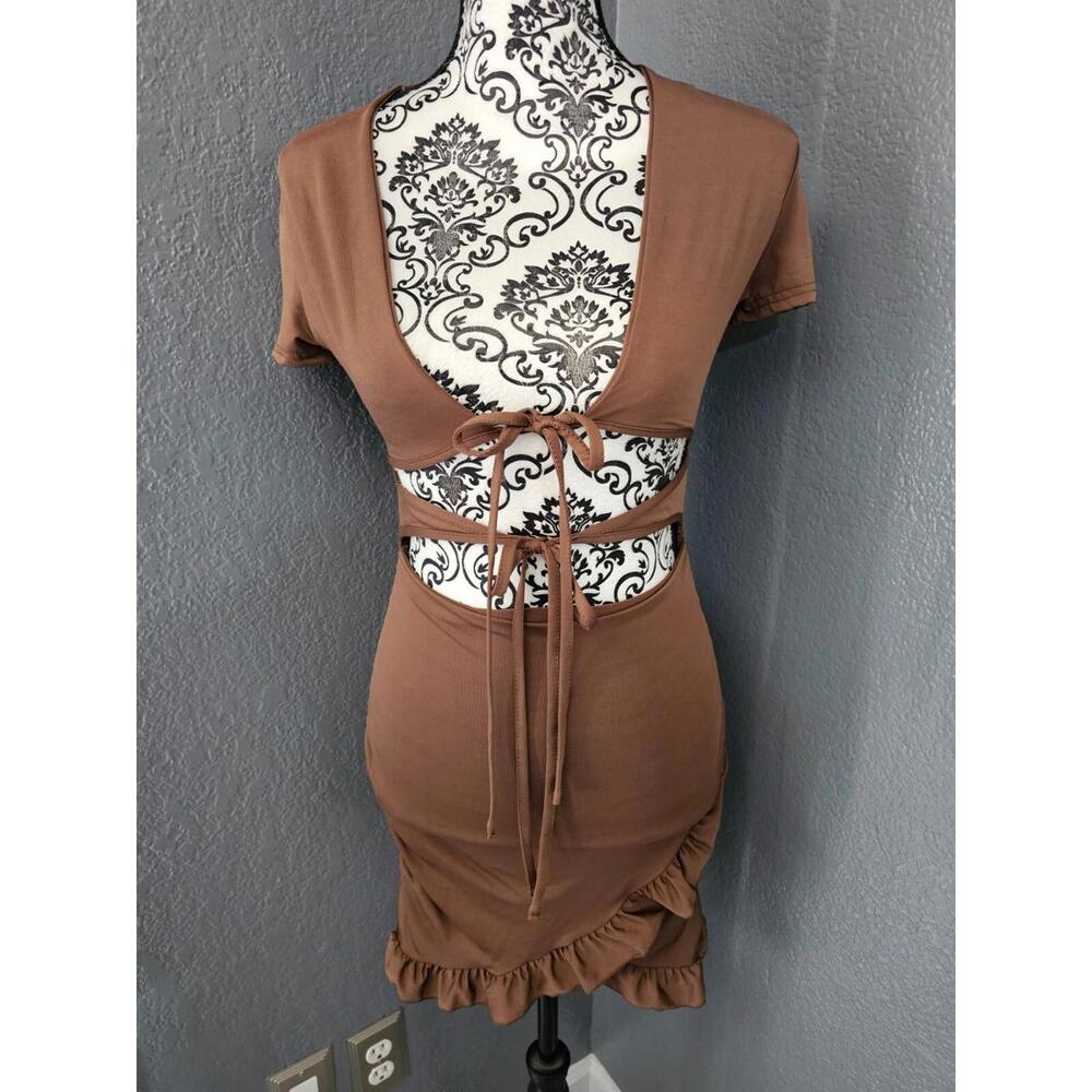 Women's Shein Sexy Open Front Dress Fitted Size Small Brown Short Sleeves Ruffle